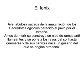El fenix 
Ave fabulosa sacada de la imaginación de los 
Sacerdotes egipcios parecido al pavo por el 
tamaño. 
Antes de morir se construye un nido de ramas anti 
llameantes y se pone a los rayos del sol hasta 
quemarse y de sus cenizas nace un gusano del 
que se origina otro fenix. 
 