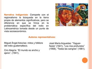 Narrativa Indigenista: Comparte con el 
regionalismo la búsqueda en la tierra 
propia de elementos significativos, pero se 
diferencia en que se hinca en la 
problemática específica del indio en 
Latinoamérica tomada desde un punto de 
vista socioeconómico. 
Autores representativos: 
Miguel Ángel Asturias: mitos y folklore 
del indio guatemalteco. 
Ciro Alegría: “El mundo es ancho y 
ajeno”. (1941). 
José María Arguedas: “Yaguar-fiesta” 
(1941), “Los ríos profundos” 
(1958), “Todas las sangres” (1961). 
 