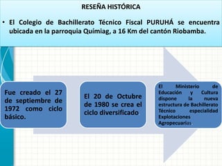 Fue creado el 27 de septiembre de 1972 como ciclo básico. 
El 20 de Octubre de 1980 se crea el ciclo diversificado. 
El Ministerio de Educación y Cultura dispone la nueva estructura de Bachillerato Técnico especialidad Explotaciones Agropecuarias. 
RESEÑA HISTÓRICA 
•El Colegio de Bachillerato Técnico Fiscal PURUHÁ se encuentra ubicada en la parroquia Químiag, a 16 Km del cantón Riobamba.  