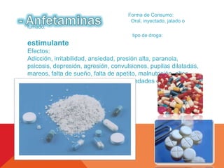 Forma de Consumo: 
Oral, inyectado, jalado o 
fumado. 
tipo de droga: 
estimulante 
Efectos: 
Adicción, irritabilidad, ansiedad, presión alta, paranoia, 
psicosis, depresión, agresión, convulsiones, pupilas dilatadas, 
mareos, falta de sueño, falta de apetito, malnutrición, altos 
riesgos al VIH, hepatitis y otras enfermedades contagiosas si 
es inyectado. 
 