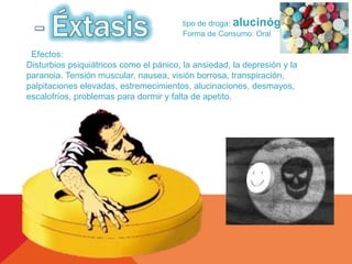 tipo de droga: alucinógeno 
Forma de Consumo: Oral 
Efectos: 
Disturbios psiquiátricos como el pánico, la ansiedad, la depresión y la 
paranoia. Tensión muscular, nausea, visión borrosa, transpiración, 
palpitaciones elevadas, estremecimientos, alucinaciones, desmayos, 
escalofríos, problemas para dormir y falta de apetito. 
 