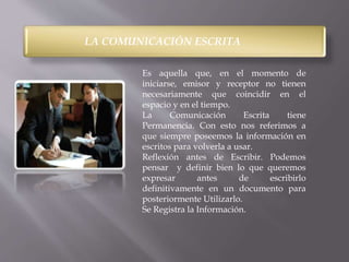 LA COMUNICACIÓN ESCRITA 
Es aquella que, en el momento de 
iniciarse, emisor y receptor no tienen 
necesariamente que coincidir en el 
espacio y en el tiempo. 
La Comunicación Escrita tiene 
Permanencia. Con esto nos referimos a 
que siempre poseemos la información en 
escritos para volverla a usar. 
Reflexión antes de Escribir. Podemos 
pensar y definir bien lo que queremos 
expresar antes de escribirlo 
definitivamente en un documento para 
posteriormente Utilizarlo. 
Se Registra la Información. 
 