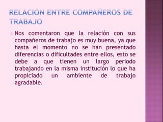  Nos comentaron que la relación con sus 
compañeros de trabajo es muy buena, ya que 
hasta el momento no se han presentado 
diferencias o dificultades entre ellos, esto se 
debe a que tienen un largo periodo 
trabajando en la misma institución lo que ha 
propiciado un ambiente de trabajo 
agradable. 
 