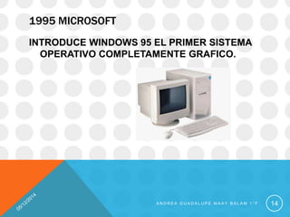 1995 MICROSOFT 
INTRODUCE WINDOWS 95 EL PRIMER SISTEMA 
OPERATIVO COMPLETAMENTE GRAFICO. 
A N D R E A G U A D A L U P E MA A Y B A L AM 1 ° F 14 
 