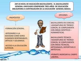 ART.43 NIVEL DE EDUCACIÓN BACHILLERATO.- EL BACHILLERATO 
GENERAL UNIFICADO COMPRENDE TRES AÑOS DE EDUCACIÓN 
OBLIGATORIA A CONTINUACIÓN DE LA EDUCACIÓN GENERAL BÁSICA. 
PROPÓSITOS 
OPCIONES 
-FORMACIÓN GENERAL. 
-INTEGRARSE A LA 
SOCIEDAD COMO SERES 
HUMANOS RESPONSABLES, 
CRÍTICOS Y SOLIDARIOS. 
-ACCESO A LA EDUCACIÓN 
SUPERIOR. 
BACHILLERATO EN CIENCIAS: 
•ASIGNATURAS DE TRONCO 
COMÚN, SE COMPLEMENTA 
CON ÁREAS CIENTÍFICO – 
HUMANÍSTICAS. 
BACHILLERATO TÉCNICO: 
•ASIGNATURAS DE TRONCO 
COMÚN, SE COMPLEMENTA 
CON ÁREAS TÉCNICAS, 
ARTESANALES, DEPORTIVAS O 
ARTÍSTICAS. 
•PERMITE INGRESAR AL CAMPO 
LABORAL. 
 