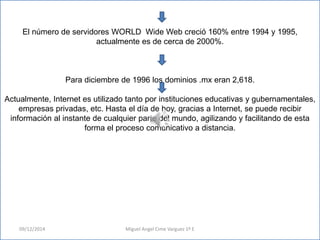 El número de servidores WORLD Wide Web creció 160% entre 1994 y 1995, 
actualmente es de cerca de 2000%. 
Para diciembre de 1996 los dominios .mx eran 2,618. 
Actualmente, Internet es utilizado tanto por instituciones educativas y gubernamentales, 
empresas privadas, etc. Hasta el día de hoy, gracias a Internet, se puede recibir 
información al instante de cualquier parte del mundo, agilizando y facilitando de esta 
forma el proceso comunicativo a distancia. 
09/12/2014 Miguel Angel Cime Varguez 1º E 
