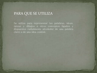 PARA QUE SE UTILIZA
Se utiliza para representar las palabras, ideas,
tareas y dibujos u otros conceptos ligados y
dispuestos radialmente alrededor de una palabra
clave o de una idea central.
