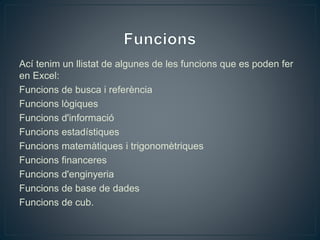 Ací tenim un llistat de algunes de les funcions que es poden fer
en Excel:
Funcions de busca i referència
Funcions lògiques
Funcions d'informació
Funcions estadístiques
Funcions matemàtiques i trigonomètriques
Funcions financeres
Funcions d'enginyeria
Funcions de base de dades
Funcions de cub.
 