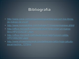 • http://www.cavsi.com/preguntasrespuestas/que-son-los-libros-
de-trabajo-de-excel/
• http://www.monografias.com/trabajos11/manexe/manexe.shtml
• http://office.microsoft.com/es-es/excel-help/crear-un-nuevo-
libro-HP010342361.aspx
• http://office.microsoft.com/es-es/excel-help/funcion-celda-
HP010062392.aspx
• http://www.ehowenespanol.com/definicion-celda-hoja-calculo-
excel-hechos_137644/
 