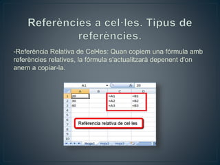 -Referència Relativa de Cel•les: Quan copiem una fórmula amb
referències relatives, la fórmula s'actualitzarà depenent d'on
anem a copiar-la.
 