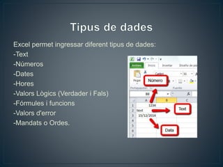 Excel permet ingressar diferent tipus de dades:
-Text
-Números
-Dates
-Hores
-Valors Lògics (Verdader i Fals)
-Fórmules i funcions
-Valors d'error
-Mandats o Ordes.
 