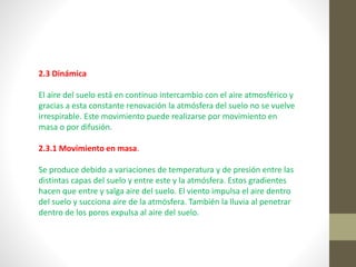 2.3 Dinámica
El aire del suelo está en continuo intercambio con el aire atmosférico y
gracias a esta constante renovación la atmósfera del suelo no se vuelve
irrespirable. Este movimiento puede realizarse por movimiento en
masa o por difusión.
2.3.1 Movimiento en masa.
Se produce debido a variaciones de temperatura y de presión entre las
distintas capas del suelo y entre este y la atmósfera. Estos gradientes
hacen que entre y salga aire del suelo. El viento impulsa el aire dentro
del suelo y succiona aire de la atmósfera. También la lluvia al penetrar
dentro de los poros expulsa al aire del suelo.
 