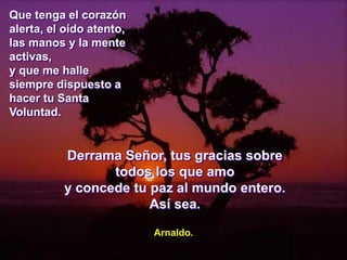 Que tenga el corazón
alerta, el oído atento,
las manos y la mente
activas,
y que me halle
siempre dispuesto a
hacer tu Santa
Voluntad.
Derrama Señor, tus gracias sobre
todos los que amo
y concede tu paz al mundo entero.
Así sea.
Arnaldo.
 