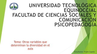 UNIVERSIDAD TECNOLÓGICA
EQUINOCCIAL
FACULTAD DE CIENCIAS SOCIALES Y
COMUNICACIÓN
PSICOPEDAGOGÍA
Estudiante: Frank Capelo
 