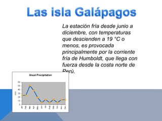 La estación fría desde junio a
diciembre, con temperaturas
que descienden a 19 °C o
menos, es provocada
principalmente por la corriente
fría de Humboldt, que llega con
fuerza desde la costa norte de
Perú.
 