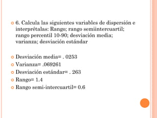  6. Calcula las siguientes variables de dispersión e
interprétalas: Rango; rango semiintercuartil;
rango percentil 10-90; desviación media;
varianza; desviación estándar
 Desviación media= . 0253
 Varianza= .069261
 Desviación estándar= . 263
 Rango= 1.4
 Rango semi-intercuartil= 0.6
 