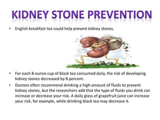 ? English breakfast tea could help prevent kidney stones.
? For each 8-ounce cup of black tea consumed daily, the risk of developing
kidney stones decreased by 8 percent.
? Doctors often recommend drinking a high amount of fluids to prevent
kidney stones, but the researchers add that the type of fluids you drink can
increase or decrease your risk. A daily glass of grapefruit juice can increase
your risk, for example, while drinking black tea may decrease it.
 