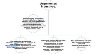 Argumentos
Inductivos.
El propósito del razonamiento
inductivo o lógica inductiva es el estudio de
las pruebas que permiten medir
la probabilidad de los argumentos, así como
de las reglas para construir argumentos
inductivos fuertes
Un argumento inductivo es el que, a partir
de la observación de una
propiedad definida en un número
suficiente de individuos de una
clase determinada, generaliza en la
conclusión la propiedad
observada y la atribuye a todos los
miembros de esa misma clase.
Esta generalización vale tanto
para los casos observados
como para
todos los de su especie no
observados.
Son argumentos inválidos (no
deductivos) Su forma lógica no
garantiza que si las premisas son
verdaderas la conclusión sea
necesariamente verdadera. La
evidencia que aporta su premisa hace
altamente improbable que la
conclusión sea falsa.
 