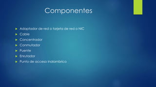 Componentes
 Adaptador de red o tarjeta de red o NIC
 Cable
 Concentrador
 Conmutador
 Puente
 Enrutador
 Punto de acceso inalambrico
 
