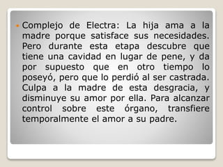  Complejo de Electra: La hija ama a la
madre porque satisface sus necesidades.
Pero durante esta etapa descubre que
tiene una cavidad en lugar de pene, y da
por supuesto que en otro tiempo lo
poseyó, pero que lo perdió al ser castrada.
Culpa a la madre de esta desgracia, y
disminuye su amor por ella. Para alcanzar
control sobre este órgano, transfiere
temporalmente el amor a su padre.
 
