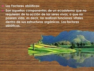  Los Factores abióticos:
 Son aquellos componentes de un ecosistema que no
requieren de la acción de los seres vivos, o que no
poseen vida, es decir, no realizan funciones vitales
dentro de sus estructuras orgánicas. Los factores
abióticos.
 