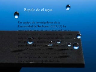 Un equipo de investigadores de la
Universidad de Rochester (EE.UU.) ha
conseguido crear un nuevo material que es
capaz de repeler de tal manera el agua (agua,
sangre, aceite...) que las gotas rebotan sobre
su superficie al tocarlo con un efecto
parecido al del mercurio. Este innovador
material, inspirado en las hojas de una planta
carnívora, está basado en unos patrones
microscópicos esbozados en su superficie
que generan esta superhidrofobia.
Repele de el agua
 