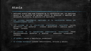 Ataxia
▪ Definimos ataxia como todo trastorno de la coordinación que, sin debilidad
motora y en ausencia de apraxia, altera la dirección y amplitud del
movimiento voluntario, la postura y el equilibrio.
▪ Los sistemas neurológicos implicados en la coordinación motora son
fundamentalmente cuatro:
▪ 1) sistema de la sensibilidad propioceptiva consciente (nervio
periférico- raíz posterior - cordones posteriores - lemnisco medial –
tálamo - corteza)
▪ 2) sistema de la sensibilidad propioceptiva inconsciente (haces
espinocerebelosos posterior y anterior - pedúnculos cerebelosos -
cerebelo)
▪ 3) cerebelo (vermis y hemisferios cerebelosos)
▪ 4) sistema vestibular (canales semicirculares, utrículo y sáculo).
 