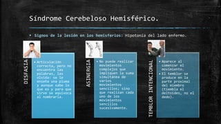 Síndrome Cerebeloso Hemisférico.
 Signos de la lesión en los hemisferios: Hipotonía del lado enfermo.
DISFASIA
• Articulación
correcta, pero no
encuentra las
palabras, las
olvida: se le
enseña una pluma
y aunque sabe lo
que es y para que
sirve se equivoca
al nombrarla.
ASINERGIA
• No puede realizar
movimientos
complejos que
impliquen la suma
simultánea de
varios
movimientos
sencillos; sino
que realizan cada
uno de los
movimientos
sencillos
sucesivamente.
TEMBLORINTENCIONAL
• Aparece al
comenzar el
movimiento.
• El temblor se
produce en la
parte proximal
del miembro
(tiembla el
deltoides, no el
dedo).
 