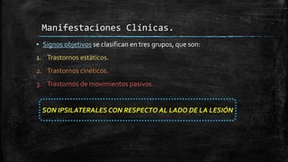 ▪ Signos objetivos se clasifican en tres grupos, que son:
1. Trastornos estáticos.
2. Trastornos cinéticos.
3. Trastornos de movimientos pasivos.
SON IPSILATERALES CON RESPECTO AL LADO DE LA LESIÓN
Manifestaciones Clínicas.
 