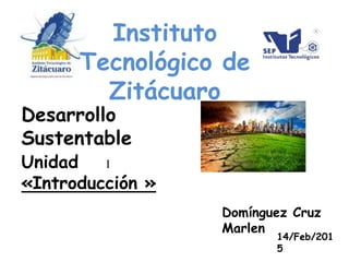 Instituto
Tecnológico de
Zitácuaro
14/Feb/201
5
Desarrollo
Sustentable
Domínguez Cruz
Marlen
Unidad I
«Introducción »
 