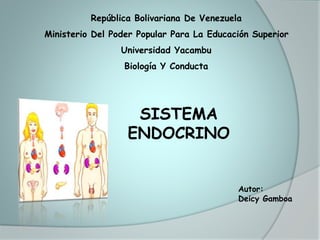 República Bolivariana De Venezuela
Ministerio Del Poder Popular Para La Educación Superior
Universidad Yacambu
Biología Y Conducta
SISTEMA
ENDOCRINO
Autor:
Deicy Gamboa
 