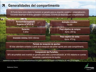 Sabemos Cómo
Fondo de Capital Privado – Inversiones Ganaderas
Período de recepción de aportes:
90 días calendario contados a partir de la recepción del primer aporte para cada compartimento.
Composición del Portafolio:
90% del portafolio será invertido en ganado para ceba y comercialización, el 10% restante en cuentas
bancarias y operaciones de liquidez.
Duración:
5 años
El Fondo tiene como objeto la inversión en ganado para su engorde y posterior comercialización,
buscando dinamizar el sector ganadero colombiano. El fondo se desarrolla por compartimentos.
Rentabilidad esperada:
Superior al 14% E.A.*
Inversión mínima: $400 millones
Animales iniciales:
10.000
Peso objetivo de compra:
Aprox. 200 kg
Peso objetivo de venta:
Aprox. 470 kg
 