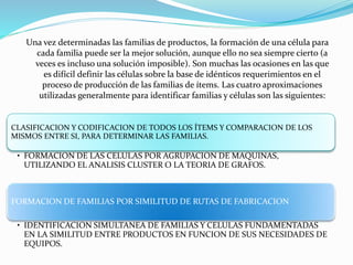 Una vez determinadas las familias de productos, la formación de una célula para
cada familia puede ser la mejor solución, aunque ello no sea siempre cierto (a
veces es incluso una solución imposible). Son muchas las ocasiones en las que
es difícil definir las células sobre la base de idénticos requerimientos en el
proceso de producción de las familias de ítems. Las cuatro aproximaciones
utilizadas generalmente para identificar familias y células son las siguientes:
CLASIFICACION Y CODIFICACION DE TODOS LOS ÍTEMS Y COMPARACION DE LOS
MISMOS ENTRE SI, PARA DETERMINAR LAS FAMILIAS.
• FORMACION DE LAS CELULAS POR AGRUPACION DE MAQUINAS,
UTILIZANDO EL ANALISIS CLUSTER O LA TEORIA DE GRAFOS.
FORMACION DE FAMILIAS POR SIMILITUD DE RUTAS DE FABRICACION
• IDENTIFICACION SIMULTANEA DE FAMILIAS Y CELULAS FUNDAMENTADAS
EN LA SIMILITUD ENTRE PRODUCTOS EN FUNCION DE SUS NECESIDADES DE
EQUIPOS.
 