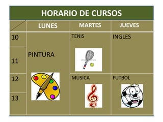 HORARIO DE CURSOS
LUNES MARTES JUEVES
10
PINTURA
TENIS INGLES
11
12 MUSICA FUTBOL
13
 