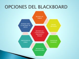 OBTENER SUS
CALIFICACIONES
PARCIALES Y
FINALES
REVISAR LAS
TAREAS
ENVIAR
ARCHIVOS
CONTESTAR
EXAMENES
OBTENER SUS
CALIFICACIONES
PARTICIPAR EN
FOROS
REVISAR TODO
EL MATERIAL DE
APOYO
 