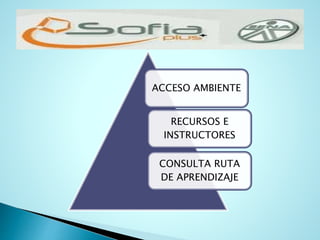 ACCESO AMBIENTE
RECURSOS E
INSTRUCTORES
CONSULTA RUTA
DE APRENDIZAJE
 