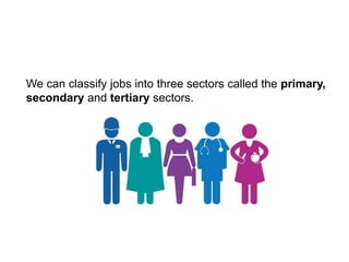 We can classify jobs into three sectors called the primary,
secondary and tertiary sectors.
 