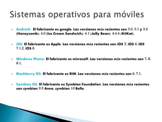  Android: El fabricante es google. Las versiones más recientes son 3.0, 3.1 y 3.2
(Honeycomb); 4.0 (Ice Cream Sandwich); 4.1 (Jelly Bean); 4.4.4 (KitKat).
 iOS: El fabricante es Apple. Las versiones más recientes son iOS 5, iOS 6, iOS
7.1.2, iOS 8.
 Windows Phone: El fabricante es microsoft. Las versiones más recientes son 7, 8,
8.1.
 Blackberry OS: El fabricante es RIM. Las versiones más recientes son 6, 7.1.
 Symbian OS: El fabricante es Symbian Foundation. Las versiones más recientes
son symbian 9.5 Anna, symbian 10 Belle.
 