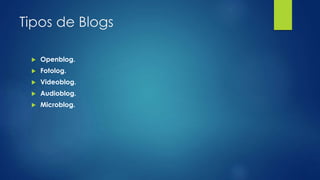 Tipos de Blogs
 Openblog.
 Fotolog.
 Videoblog.
 Audioblog.
 Microblog.
 