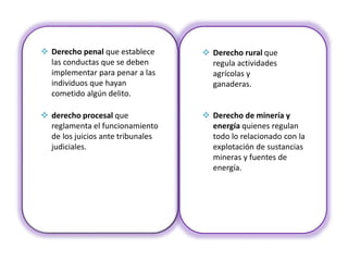  Derecho penal que establece
las conductas que se deben
implementar para penar a las
individuos que hayan
cometido algún delito.
 Derecho rural que
regula actividades
agrícolas y
ganaderas.
 derecho procesal que
reglamenta el funcionamiento
de los juicios ante tribunales
judiciales.
 Derecho de minería y
energía quienes regulan
todo lo relacionado con la
explotación de sustancias
mineras y fuentes de
energía.
 