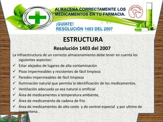 ¡GUÍATE!
RESOLUCIÓN 1403 DEL 2007
ESTRUCTURA
Resolución 1403 del 2007
La infraestructura de un correcto almacenamiento debe tener en cuenta los
siguientes aspectos:
 Estar alejados de lugares de alta contaminación
 Pisos impermeables y resistentes de fácil limpieza
 Paredes impermeables de fácil limpieza
 Iluminación natural que permita la identificación de los medicamentos.
 Ventilación adecuada ya sea natural o artificial
 Área de medicamentos a temperatura ambiente,
 Área de medicamento de cadena de frio
 Área de medicamentos de alto costo y de control especial y por ultimo de
cuarentena .
 