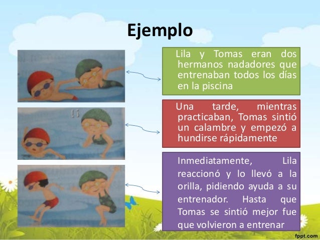 Ejemplo
Lila y Tomas eran dos
hermanos nadadores que
entrenaban todos los días
en la piscina
Una tarde, mientras
practicab...