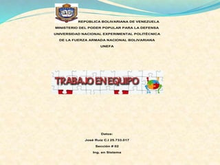 REPÚBLICA BOLIVARIANA DE VENEZUELA
MINISTERIO DEL PODER POPULAR PARA LA DEFENSA
UNIVERSIDAD NACIONAL EXPERIMENTAL POLITÉCNICA
DE LA FUERZA ARMADA NACIONAL BOLIVARIANA
UNEFA
Datos:
José Ruiz C.I 25.733.017
Sección # 02
Ing. en Sistema
 