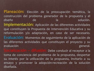 Planeación: Elección de la preocupación temática, la
construcción del problema generador de la propuesta y el
diseño de la solución.
Implementación: Aplicación de las diferentes actividades
que constituyen la Propuesta de Intervención Educativa y su
reformulación y/o adaptación, en caso de ser necesario.
Evaluación: Momentos de seguimiento de la aplicación de
las diferentes actividades que constituyen el proyecto y su
evaluación general.
Socialización – difusión: Debe conducir al receptor a la
toma de conciencia del problema de la propuesta, despertar
su interés por la utilización de la propuesta, invitarlo a su
ensayo y promover la adopción-recreación de la solución
diseñada.
 