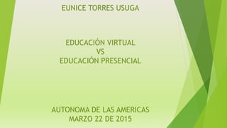 EUNICE TORRES USUGA
EDUCACIÓN VIRTUAL
VS
EDUCACIÓN PRESENCIAL
AUTONOMA DE LAS AMERICAS
MARZO 22 DE 2015
 