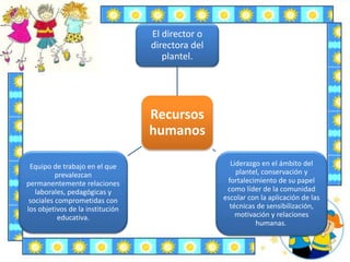 Recursos
humanos
El director o
directora del
plantel.
Liderazgo en el ámbito del
plantel, conservación y
fortalecimiento de su papel
como líder de la comunidad
escolar con la aplicación de las
técnicas de sensibilización,
motivación y relaciones
humanas.
Equipo de trabajo en el que
prevalezcan
permanentemente relaciones
laborales, pedagógicas y
sociales comprometidas con
los objetivos de la institución
educativa.
 