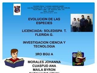 COLEGIO FISCAL “LUCIANO ANDRADE MARÍN”
Juan Díaz Hidalgo N.58 – 197 y Ángel Ludeña (URB. SAN CARLOS)
TELFS: 299317; 2292 – 144 TELEFAX: 2530 – 375
Quito – Ecuador
AÑO LECTIVO 2014 – 2015
EVOLUCION DE LAS
ESPECIES
LICENCIADA: SOLEDISPA T.
FLERIDA G.
INVESTIGACION CIENCIA Y
TECNOLOGIA
3RO BGU A
MORALES JOHANNA
CUASPUD ANA
MAILA BYRON
 