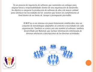 Es un proceso de ingeniería de software que suministra un enfoque para
asignar tareas y responsabilidades dentro de una organización de desarrollo.
Su objetivo es asegurar la producción de software de alta y de mayor calidad
para satisfacer las necesidades de los usuarios que tienen un cumplimiento al
final dentro de un limite de tiempo y presupuesto previsible.
El RUP no es un sistema con pasos firmemente establecidos, sino un
conjunto de metodologías adaptables al contexto y necesidades de cada
organización. También se conoce por este nombre al software, también
desarrollado por Rational, que incluye información entrelazada de
diversos artefactos y descripciones de las diversas actividades.
 