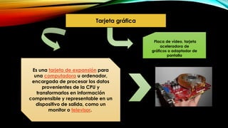 Tarjeta gráfica
Es una tarjeta de expansión para
una computadora u ordenador,
encargada de procesar los datos
provenientes de la CPU y
transformarlos en información
comprensible y representable en un
dispositivo de salida, como un
monitor o televisor.
Placa de vídeo, tarjeta
aceleradora de
gráficos o adaptador de
pantalla
 