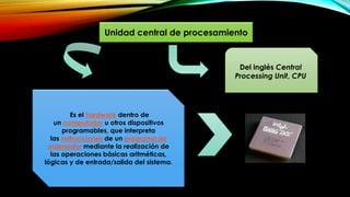 Unidad central de procesamiento
Es el hardware dentro de
un computador u otros dispositivos
programables, que interpreta
las instrucciones de un programa de
ordenador mediante la realización de
las operaciones básicas aritméticas,
lógicas y de entrada/salida del sistema.
Del inglés Central
Processing Unit, CPU
 